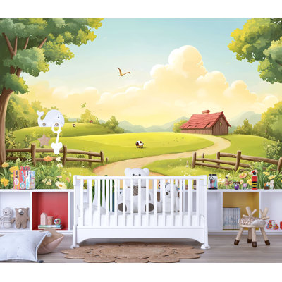 Farm Landscape Wallpaper With Wooden Fence, Meadow, And Barn At Sunset, Peaceful Country Wall Mural For Kids Room, Nursery, Or Nature-Inspired Learning Corners