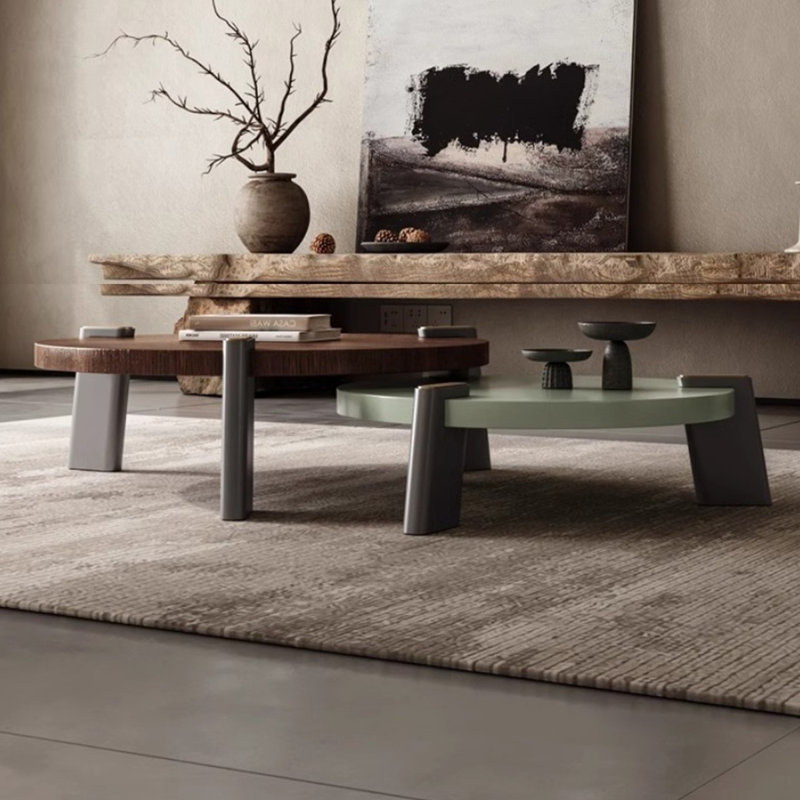 Table basse ronde en noyer + vert + bois manufacturé gris + acier inoxydable