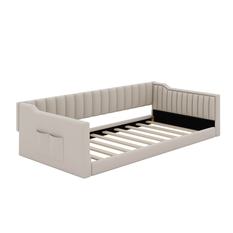 Upholstery Daybed With Side Storage Pocket, Beige, Twin Extra-Long