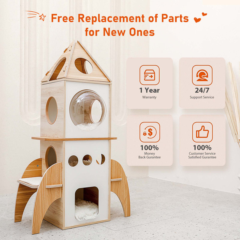 54'' Natural and White Wood Rocket Cat Tower with Condos
