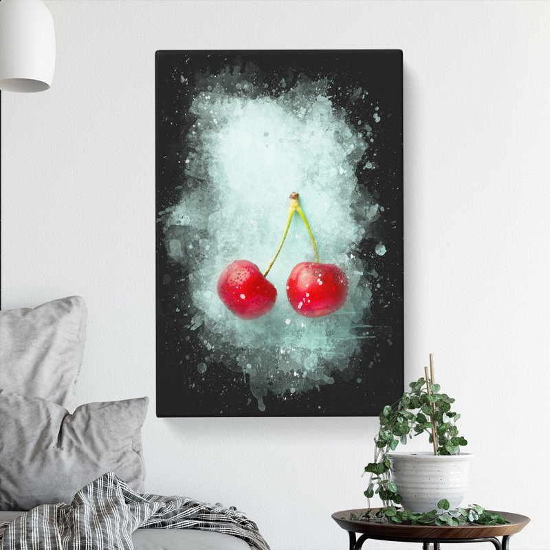 Two Cherries Paint Splash - Wrapped Canvas, 50cm H x 35cm W x 3cm D
