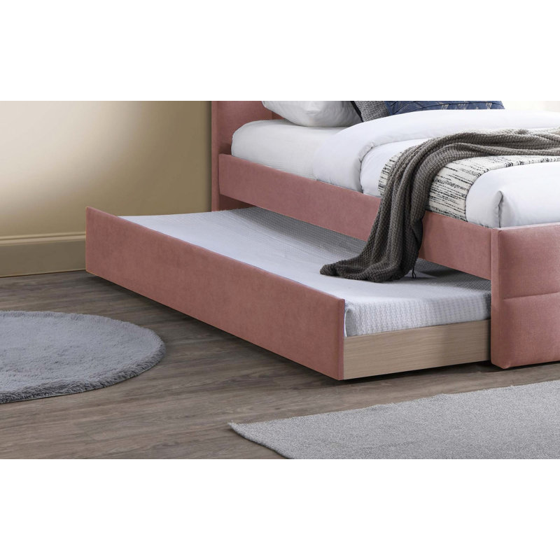 Lit 1Pc avec lit gigogne et tête de lit tapissier, Lit double, Rose clair