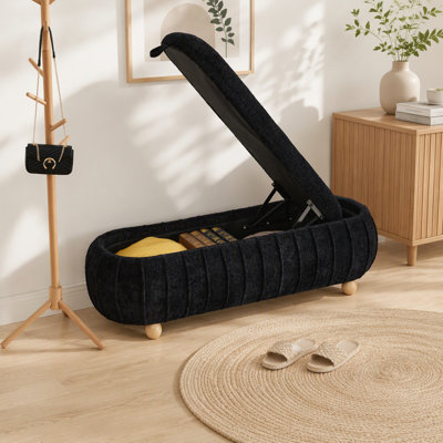 Banc de lit d'appoint capitonné de 140 cm de large avec couvercle rabattable et rangement intégré, repose-pieds ottoman en chenille et pieds en bois d'hévéa