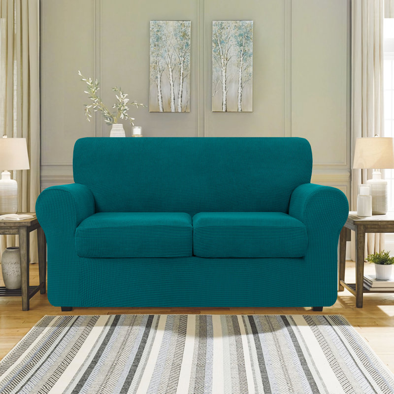 Textured Grid Soft Stretch Separate Box Cushion Sofa Slipcover, 104cm H x 178cm W x 107cm D, Green