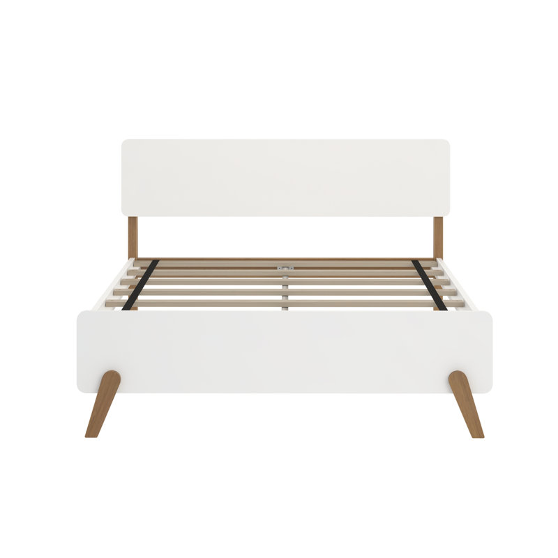 Mid-Century Modern Full-Size White and Pecan Wood Platform Bed