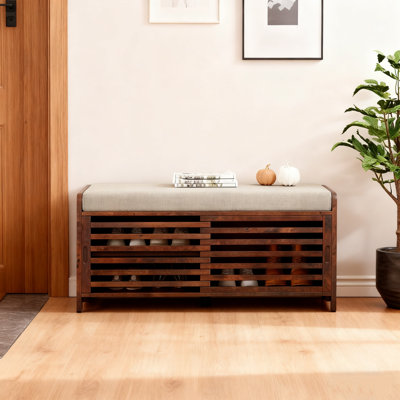 Shoe Bench with Storage and Cushion, Distressed Shutter Storage Bench with Retro Charm for Living Room, Entryway