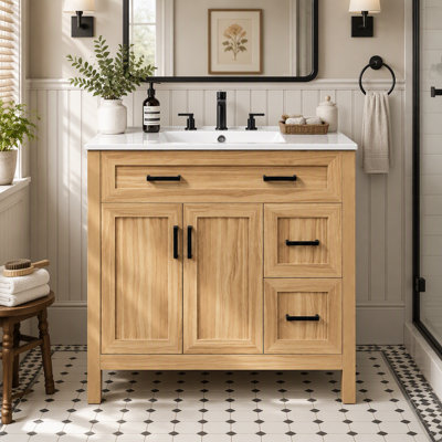 Meuble-lavabo de salle de bain avec lavabo en céramique, portes et tiroirs à fermeture en douceur, armoire autoportante, 2 portes, 2 tiroirs, 1 tiroir rabattable