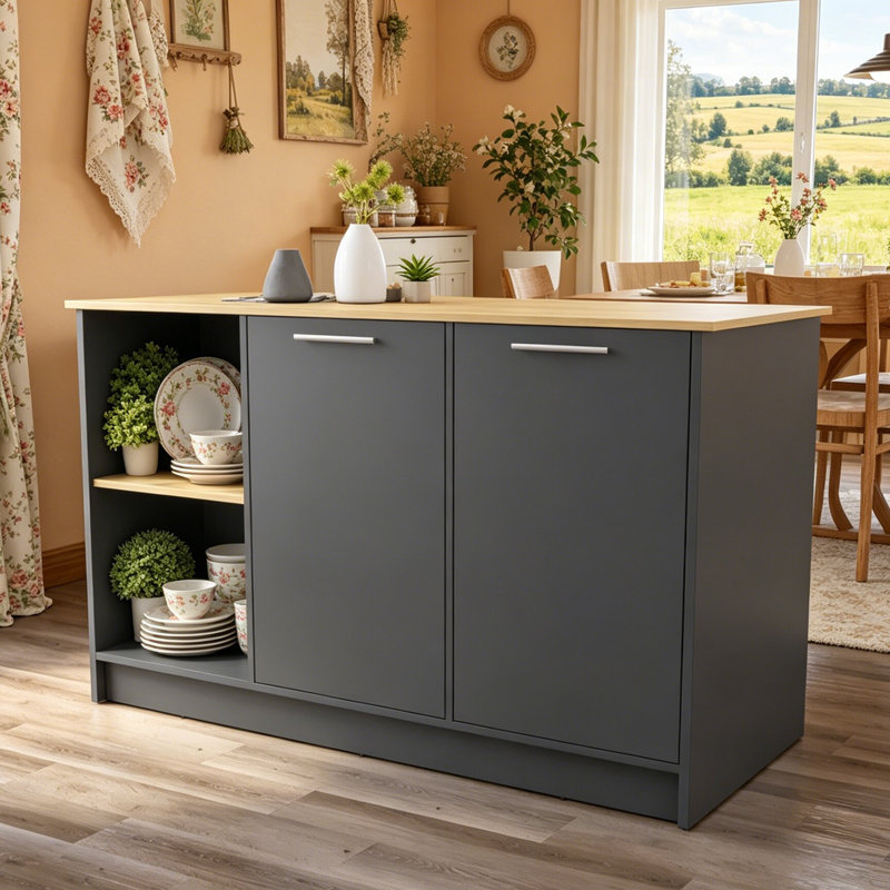 Kitchen Island With Spacious Countertop, Double Door Cabinets, And 2 Open Storage Shelves, Black/Natural