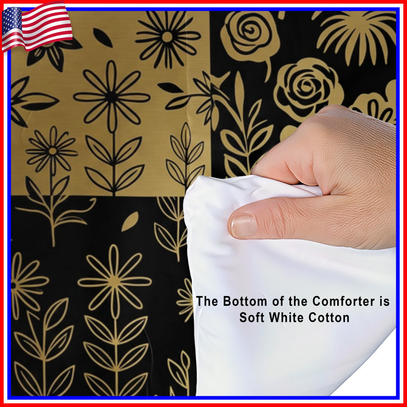Floral Gold Black Patterns Comforter, Twin