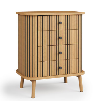 Commode 4 tiroirs avec façades cannelées, commode de rangement moderne avec finition en chêne naturel, bords courbés et pieds en bois, armoire de rangement pour chambre à coucher