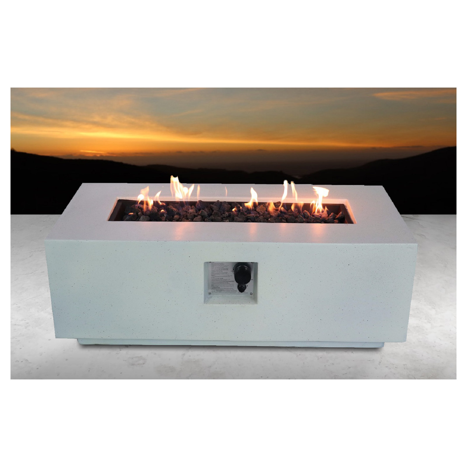 Rashid Concrete Outdoor Rectangle Fire Pit Table, 16" H x 42" W x 20" D, White Stone