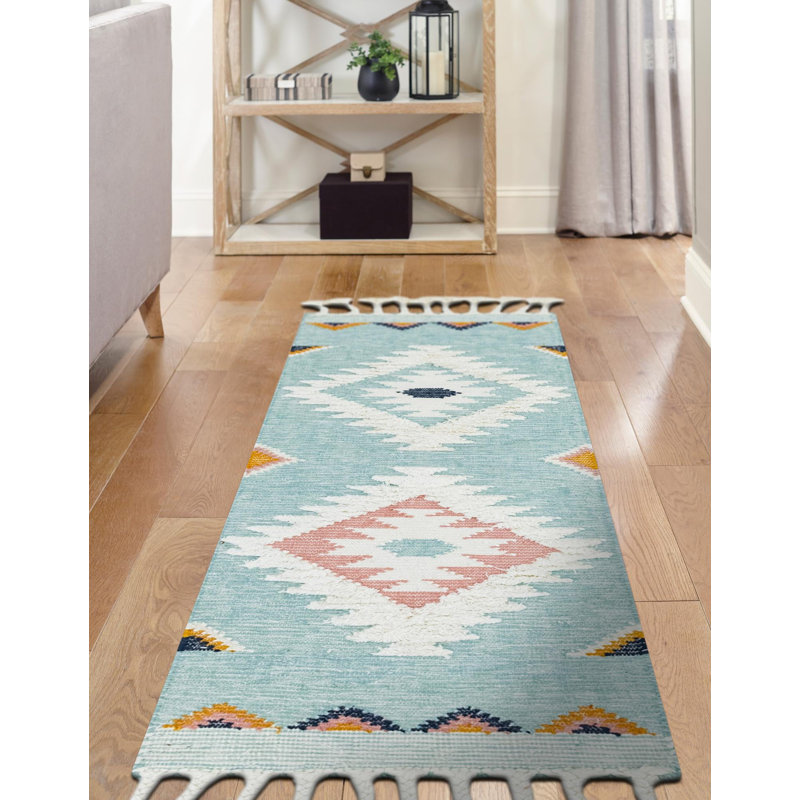 Tapis bleu en laine tissé à la main Shriver Southwestern, Tapis de couloir 2 pi 7 po x 10 pi