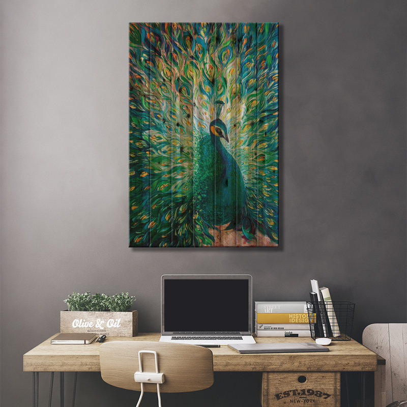 «Peacock XXXII On Wood» par Willson Lau, impression graphique, H 40 po x l 26 po x P 1,5 po