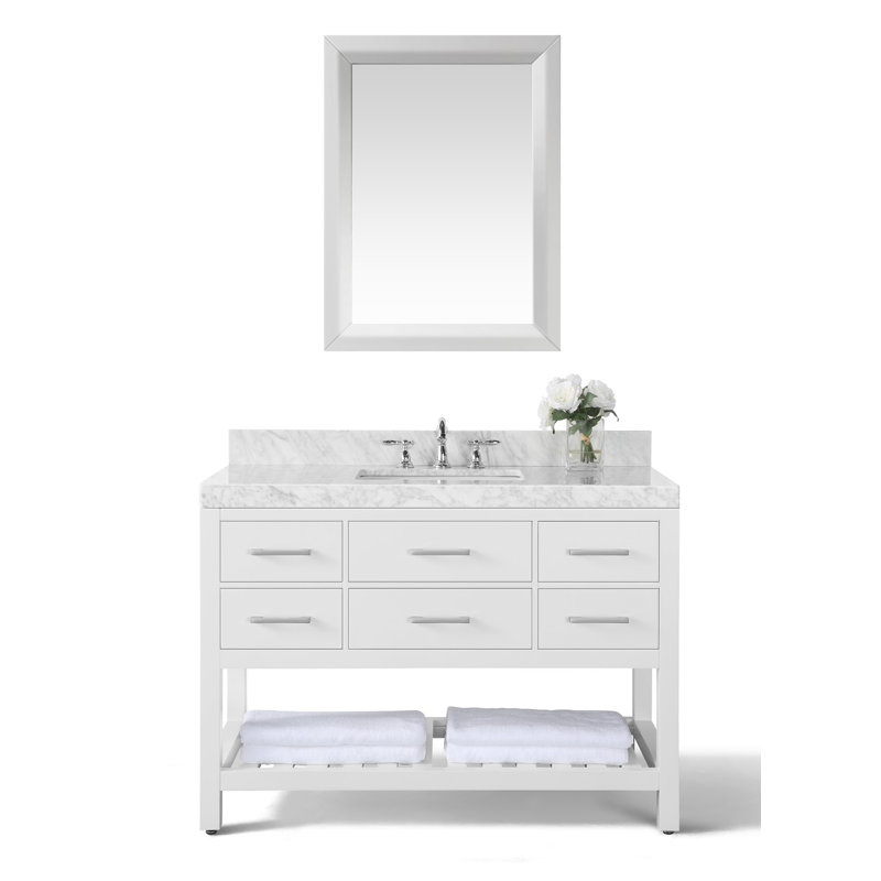 Ensemble de meuble-lavabo simple 48 po avec miroir Carrie, Blanc de Carrare, Gris saphir, Nickel