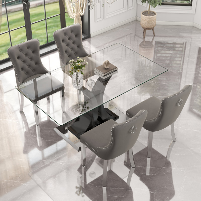 Ensemble de table de salle à manger rectangulaire en verre trempé, 5, Gris, Noir