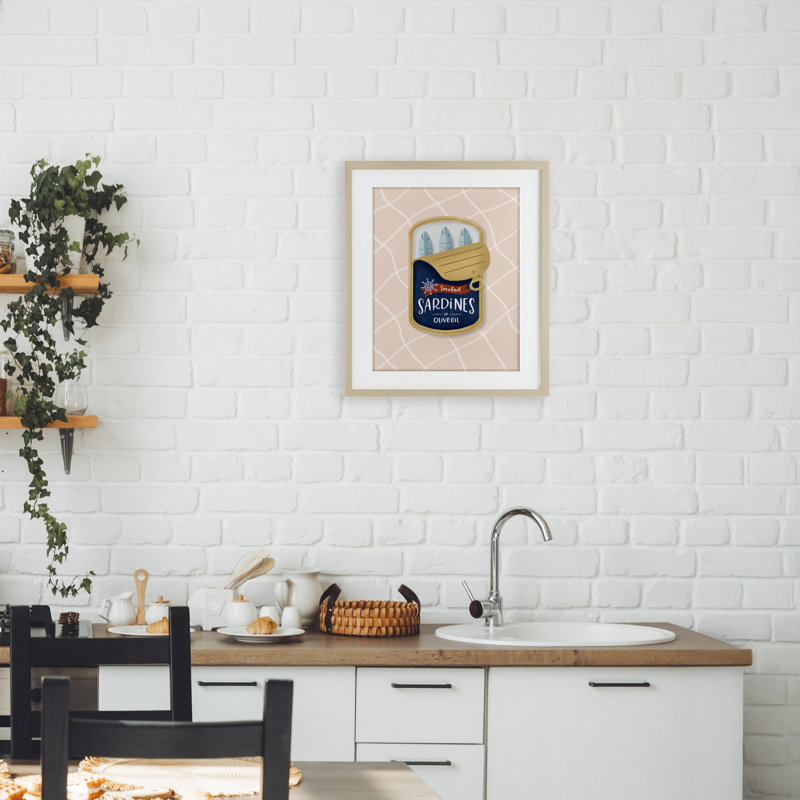 Nautique sardines, impression sous verre encadrée, design par Sandra Picco, H 16 po x l 13 po, Cadre de récolte en pin
