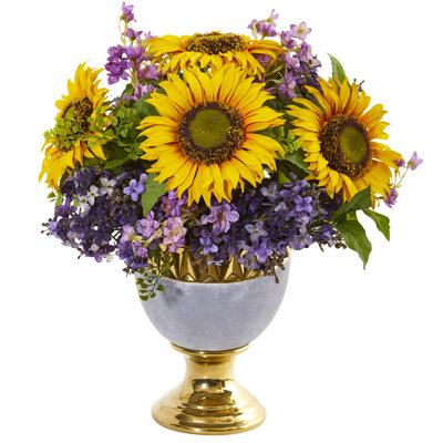 Sunflower and Lilac Arrangement in Stoneware Urn