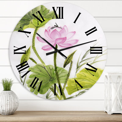 Simple fleur de lotus rétro avec feuilles vertes - horloge murale traditionnelle