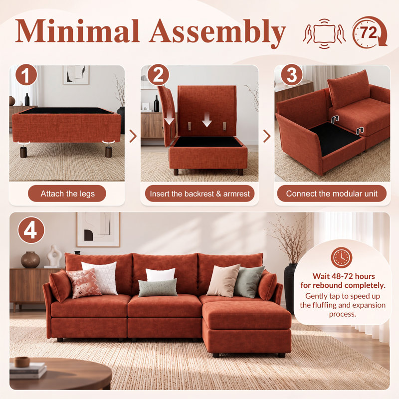 Canapé modulaire moderne réversible de 102 po de largeur avec repose-pieds en tissu chenille de qualité supérieure, Orange