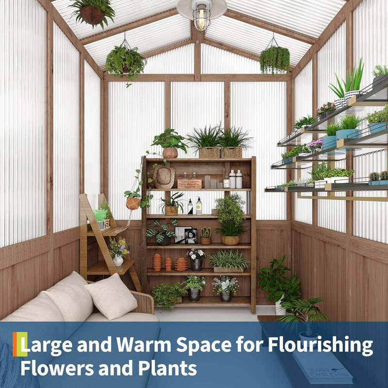 6x8FT Wooden Greenhouse with Cedar Frame & Polycarbonate Panels, Walk-in Roof Vent Design