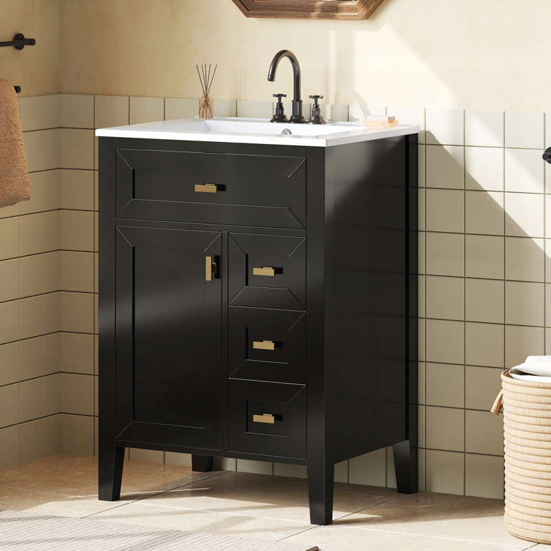 Meuble-lavabo de 24 po avec lavabo, panneau de fibres à densité moyenne et bois d'hévéa, 3 tiroirs et armoire, fermeture en douceur, conception moderne pour les petites et moyennes salles de bain