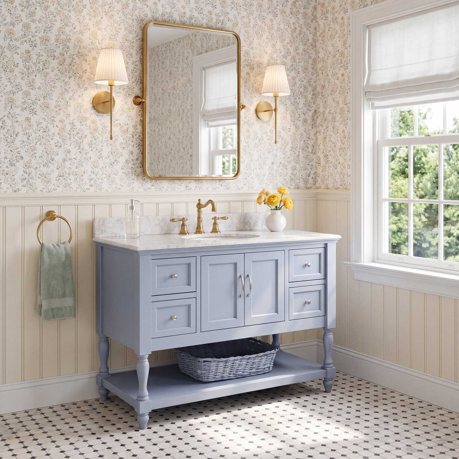48 " Pine Single Bathroom Vanity, Powder Blue, Carrara Marble