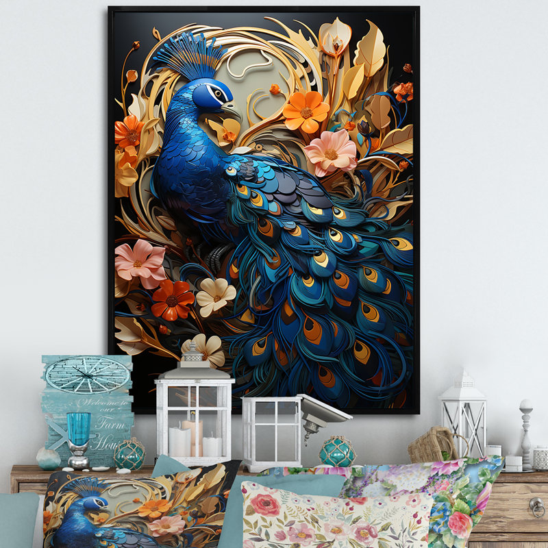 " Majestic Blooming Plumage Peacock I ", Black Floater Frame, 32" H x 16" W x 1" D