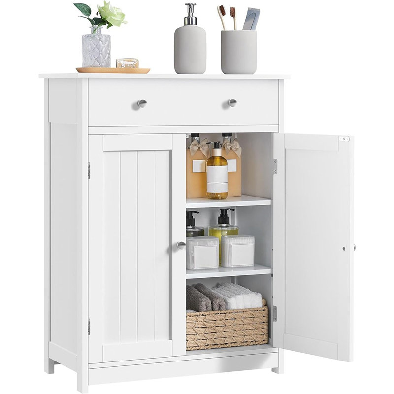 Armoire de rangement autoportante pour salle de bain en bois avec 1 tiroir, 2 portes et tablette réglable, blanc