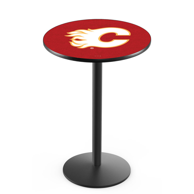 NHL Round Metal Base Dining Table, Black Wrinkle, Calgary Flames