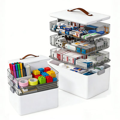 JOYBOS Combined Storage & Medicine Box With Portable Handle, Large-Capacity Detachable Tray, Ideal For Home, School And Travel, Perfect Gift. 3-Tier + 4-Tier.