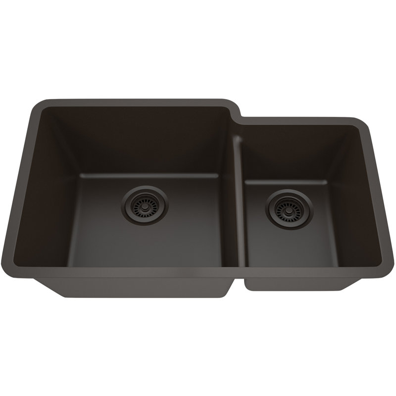 Évier de cuisine 32 po x 19 po en quartz, évier à double cuve 60/40, évier encastré, évier de cuisine encastré, évier de cuisine en granite, avec 2 grilles en acier et crépine, bride d'évacuation