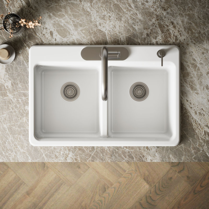 Riverby 33 In. Top-Mount Double-Bowl Kitchen Sink, White, 1 hole, Large/medium bowls