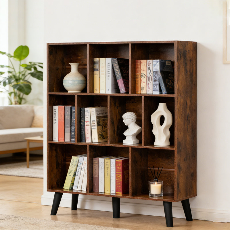 3 Tier Modern Wide Bookcase With Legs, Wood Freestanding Organizer Display Shelf, 10 Cube Bookshelf, Brown