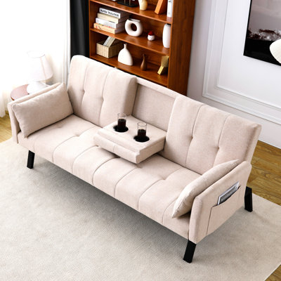 Foldable Multi - Functional 70 Inch Bed Made Of Cotton And Linen, Ideal For Small Spaces, With Central Cup Holder Armrest Storage, 2 Seats Pillows, Beige Main Color Linen Bed, Relaxing Drinks,
