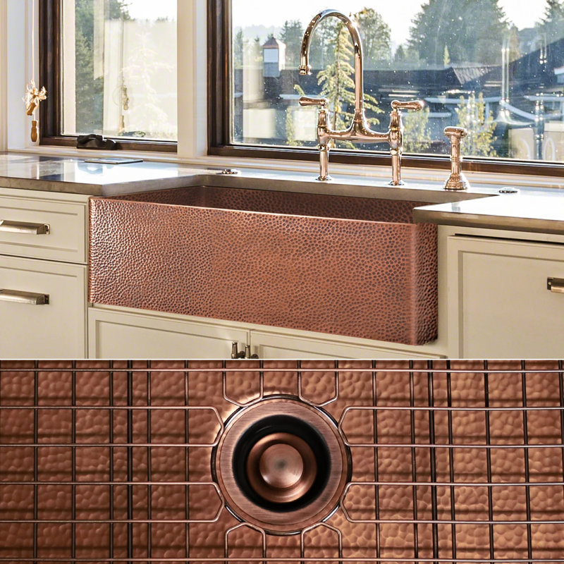 Luxury Heavy 12-Gauge Copper Farmhouse Sink, Includes Accessories, Flat Front