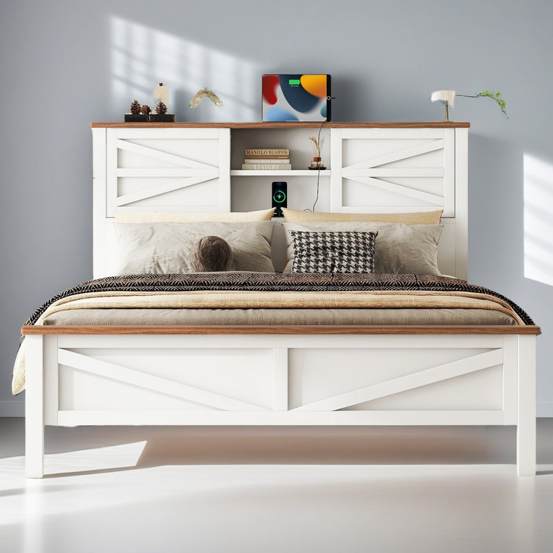 Lit plateforme Farmhouse avec porte de grange coulissante double, Grand, Blanc
