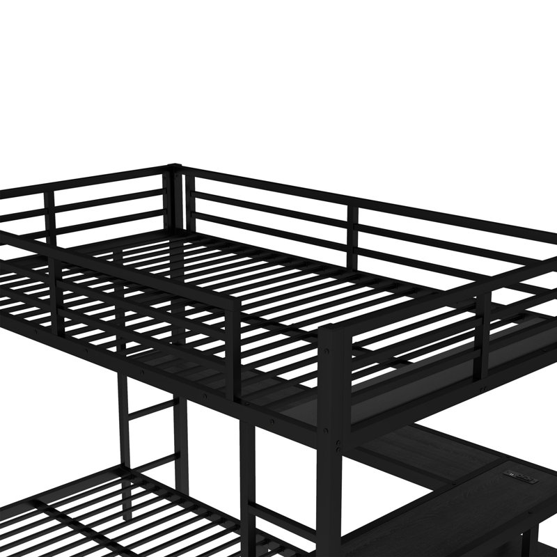 Lit superposé fonctionnel avec bureau, tablettes, lumières DEL et ports USB, offrant de multiples options de placement pour une utilisation optimale de l'espace