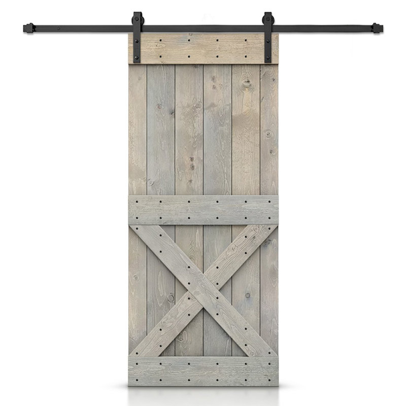 Porte de grange à panneaux et en bois avec quincaillerie d'installation, 42" x 84", Gris fumée, Noir mat