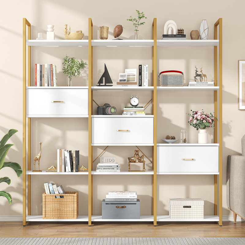 Triple Wide 6 Tiers Industrial Book Shelf With 3 Drawers And Storage Shelves, 73.6" Tall Bookcase With 16 Open Display Shelves, Large Etagere Bookshelf With Metal Frame For Home & Office