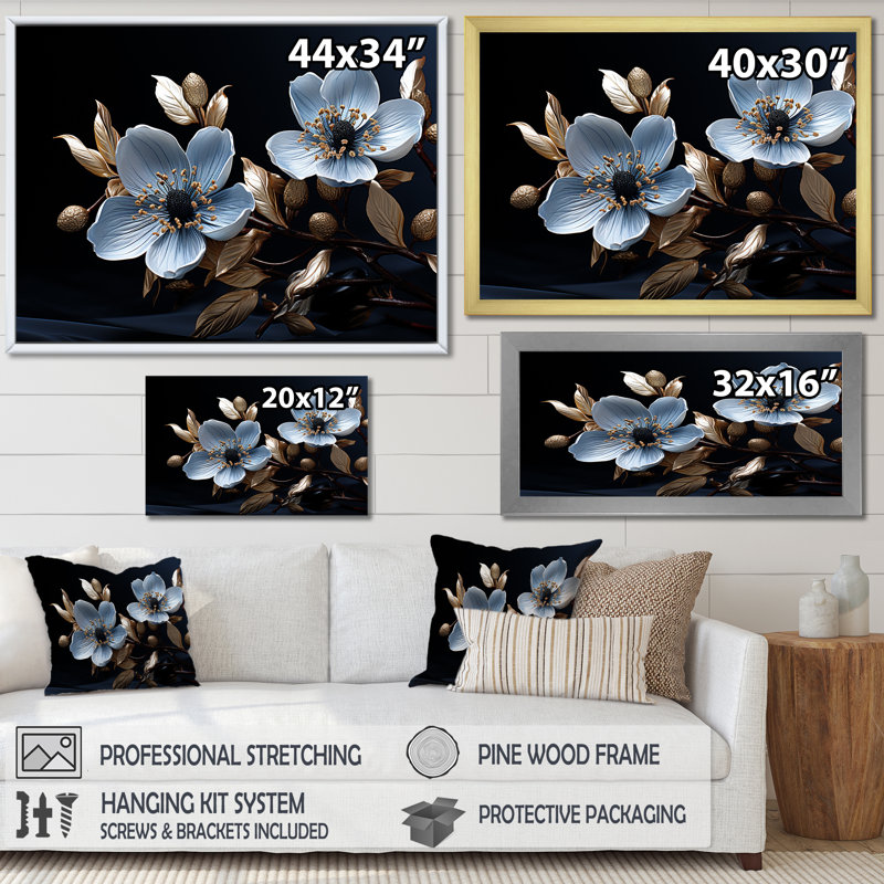 Cornouiller noir Reverie III sur toile, Cadre flottant noir, H 16 po x l 32 po x P 1 po