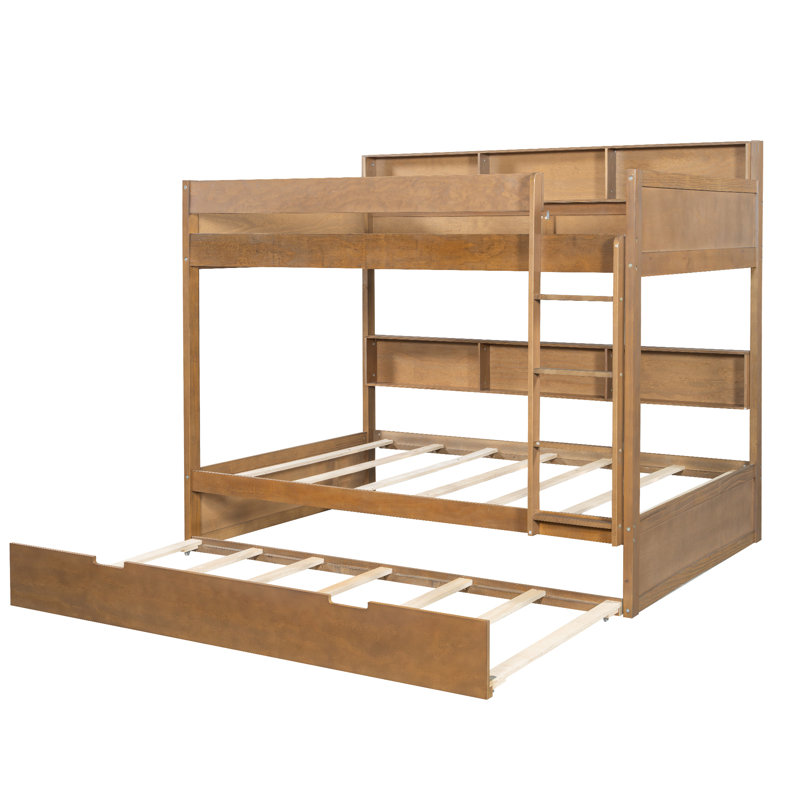 Twin over twin Bunk Bed with Trundle, Built-In Storage Shelves, Wooden White Space-Saving Kids Bunk Bed, Antique Wood