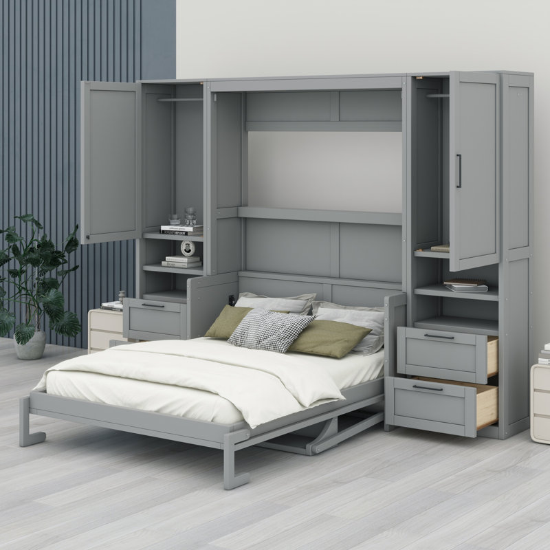 Murphy Wall Bed Combo with Closet Storage Drawers and Shelves, Gray, Full / Double