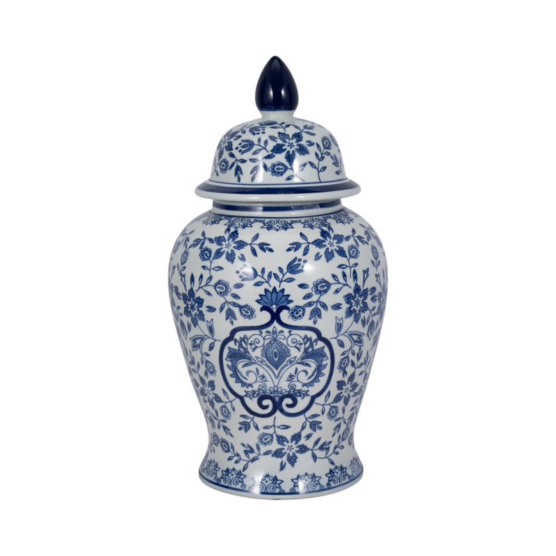 Pot Jimerso avec motif floral bleu et blanc et couvercle amovible , H 18 po x l 9,5 po x P 9,5 po