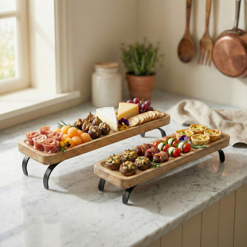 21" Rustic Wood Tiered Serving Tray Set with Metal Stand for Buffet Display