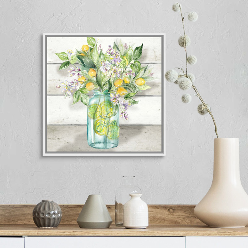«Watercolor Lemons in Mason Jar on Shiplap» par Tre Sorelle Studios - reproduction d'art sur toile, Toile blanche encadrée