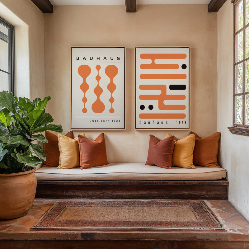 Ensemble de 2 rétro et circuits orange Bauhaus, Cadre flottant or poli, H 19 po x l 26 po