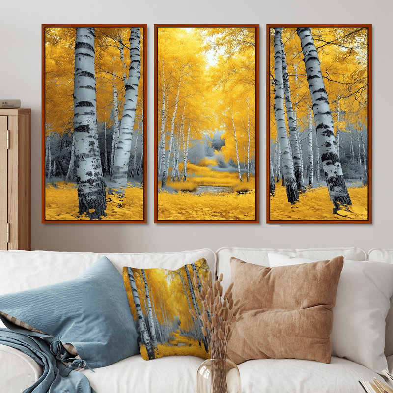 Ensemble de salon art mural forêt jaune Panorama, Toile avec cadre flottant brun, H 28 po x l 36 po x P 1 po