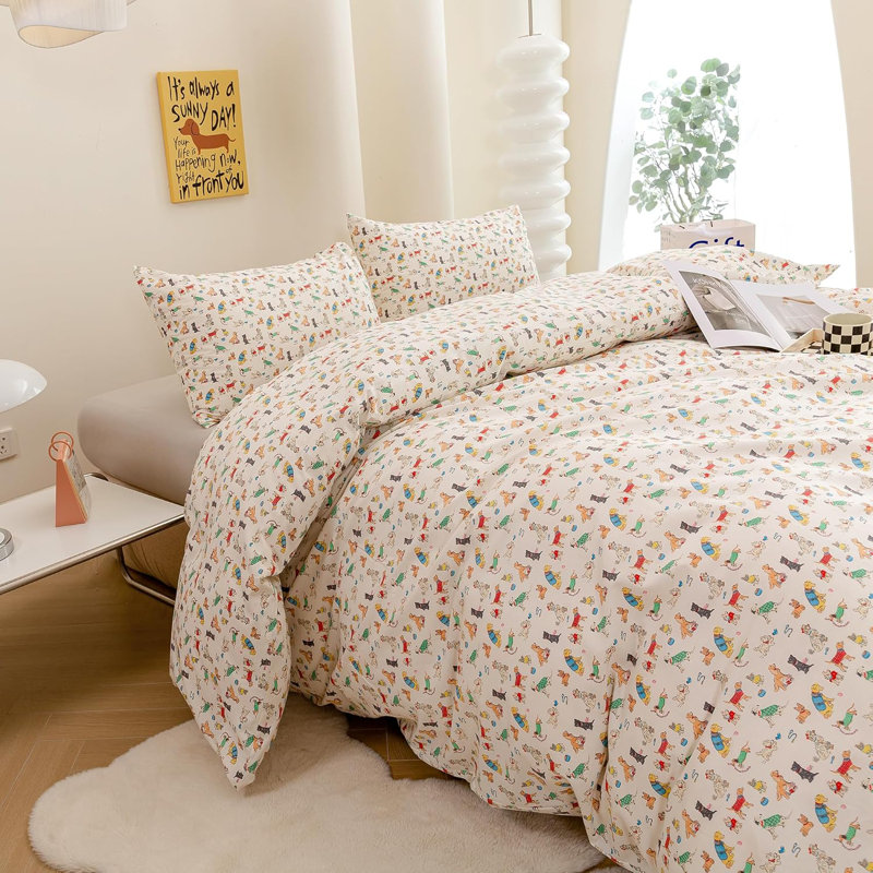 3 PCS Cartoon Cute Dogs Duvet Cover Ultra Soft & Breathable Comforter Cover, King Duvet Cover + 2 Shams