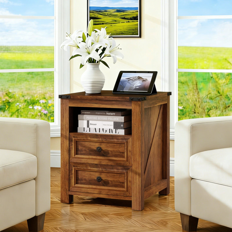 Gracie Oaks 18" Nightstand with Charging Station | Modern Bedside Table with Drawers & Open Shelf, Brown, Set of 2