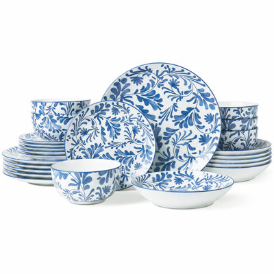 24-Piece Porcelain Dinnerware Set, Blue and Green Floral Plates Bowl Set, Service for 6